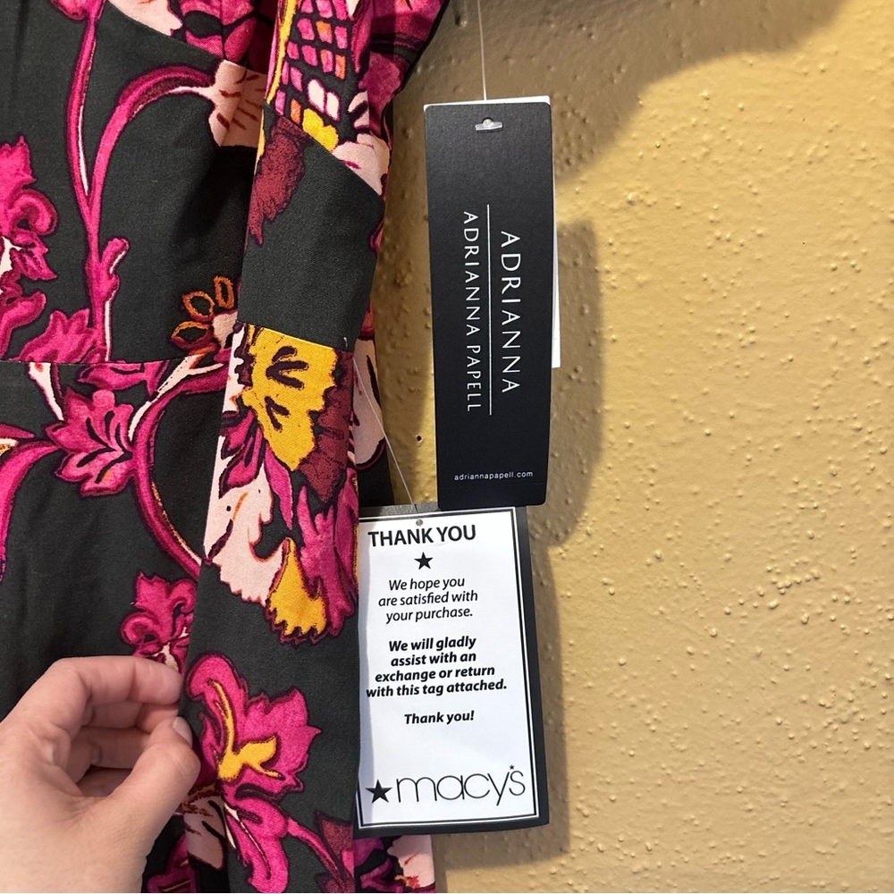 Adrianna Papell Floral Puff Sleeve Midi Dress Pink Black Sweetheart Neck NWT 6 - Picture 8 of 11